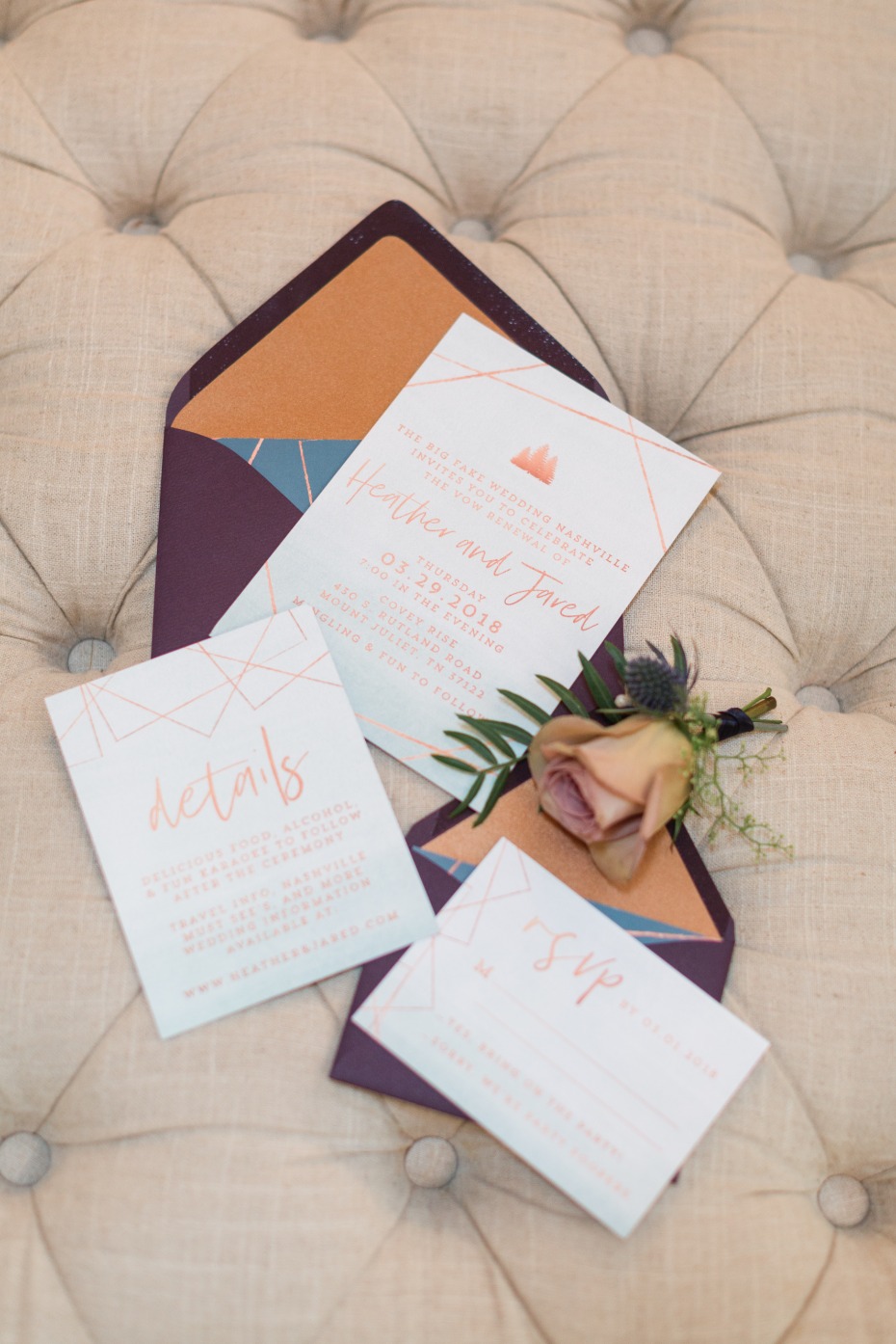 Elegant wedding invitation suite with details card and RSVP
