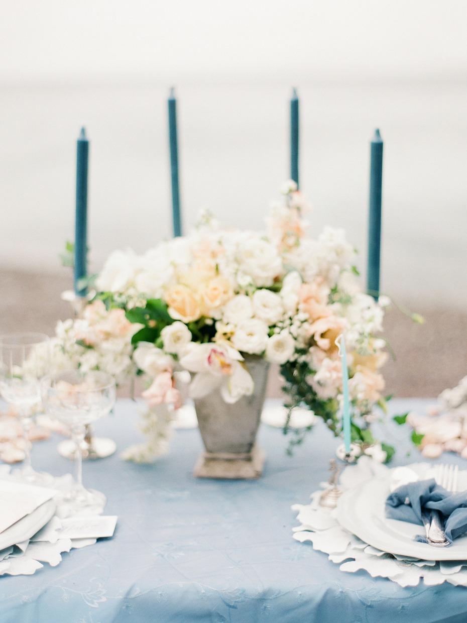 blue and peach beach wedding table