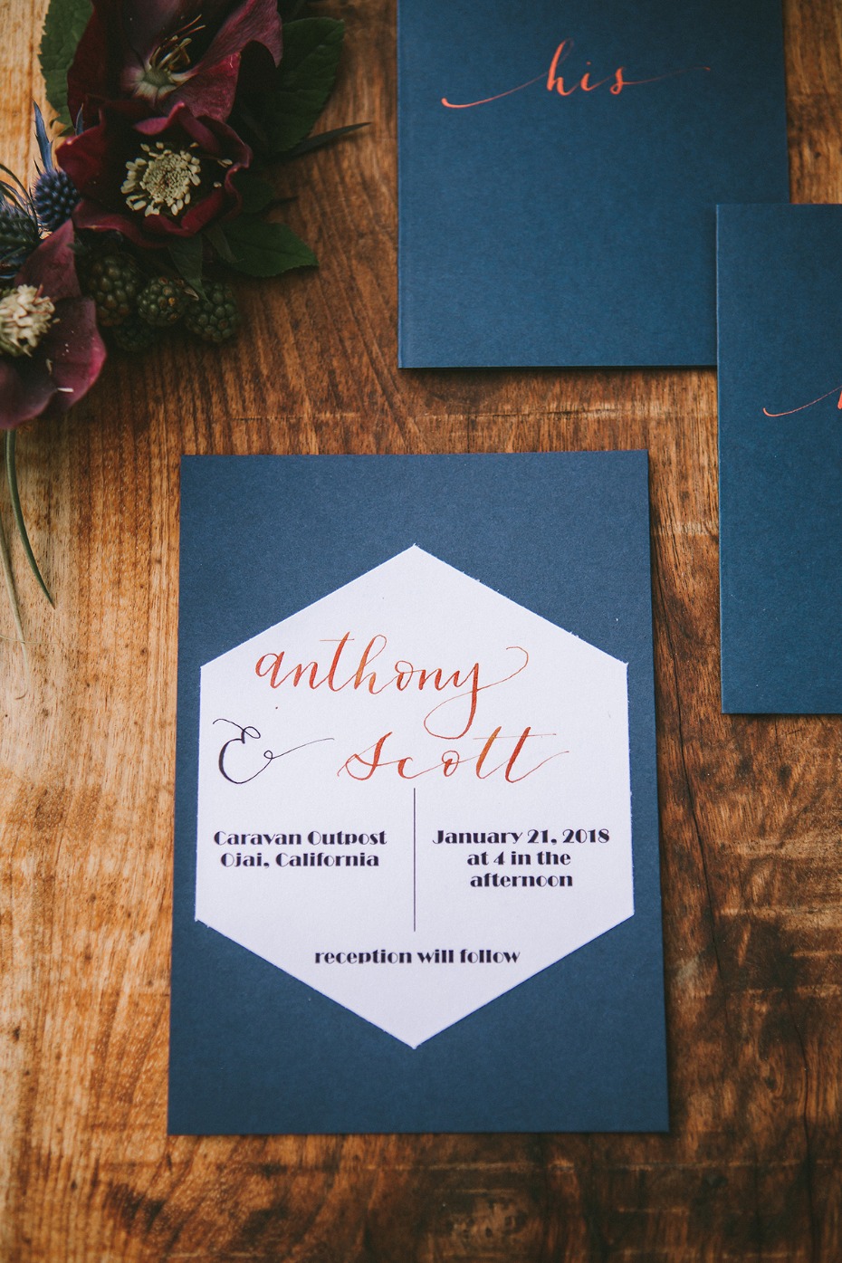 modern blue and copper wedding announcement