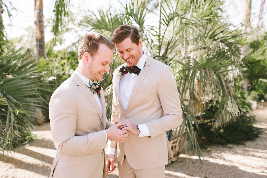 grooms in sand wedding suits