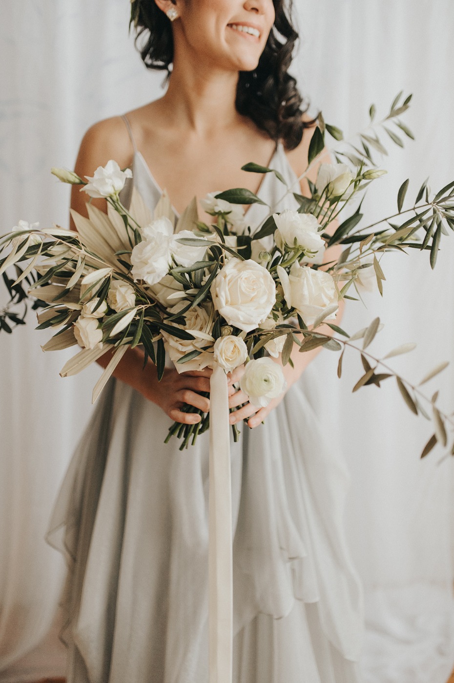 olive branch and white rose wedding bouquet
