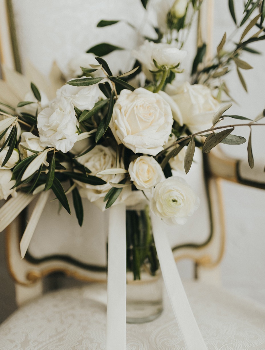 white rose and olive branch wedding bouquet