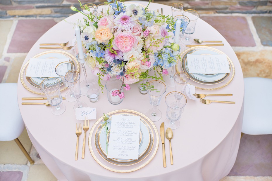 soft pink and gold and pastel wedding table decor