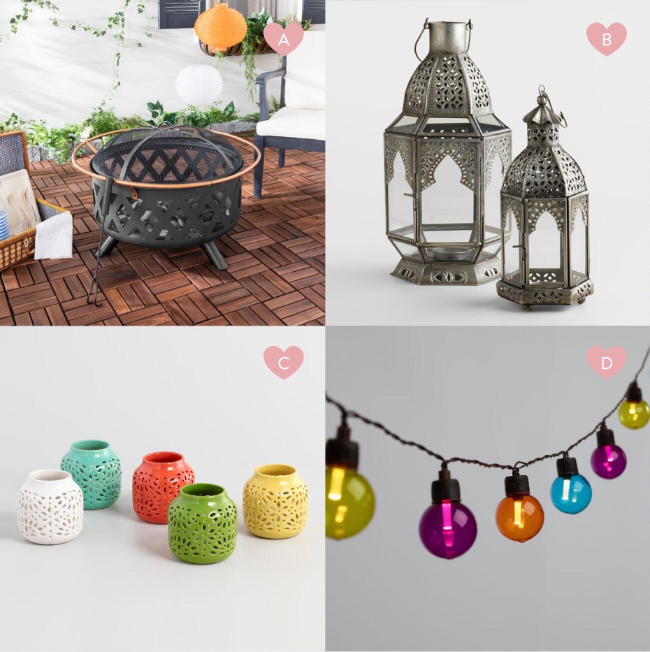 Outdoor decor featuring a fire pit lanterns and string lights