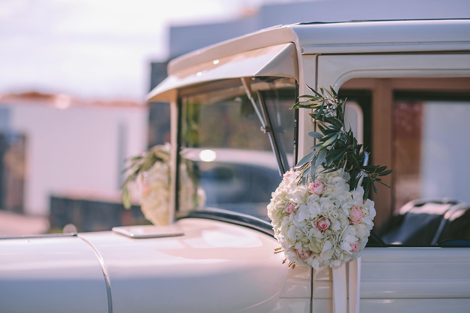 flower accented wedding transportation