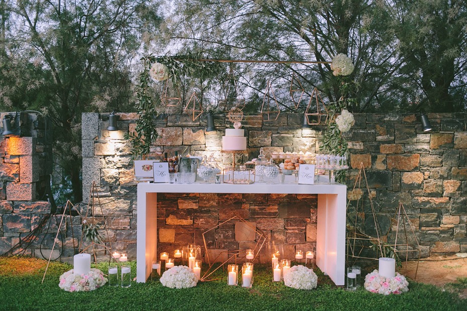 glowing wedding dessert table