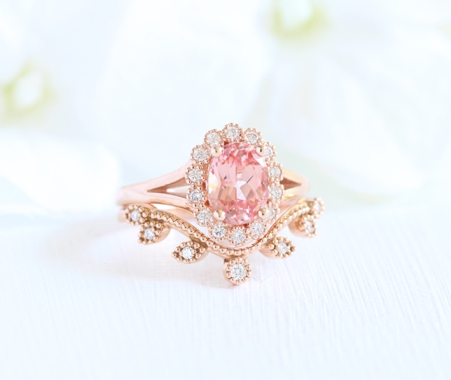 La More Design Peach Sapphire Ring in Rose Gold with Vintage Luna Halo