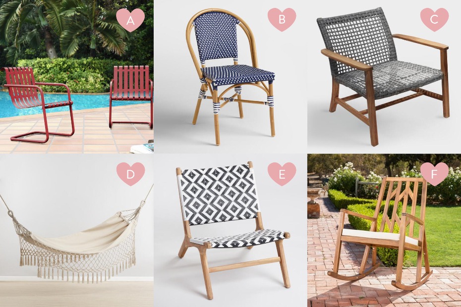 Various outdoor seating options including chairs hammock