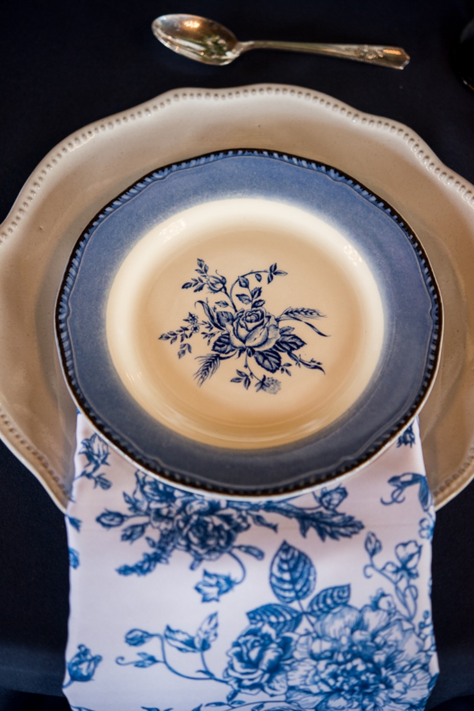 blue rose wedding china and linen