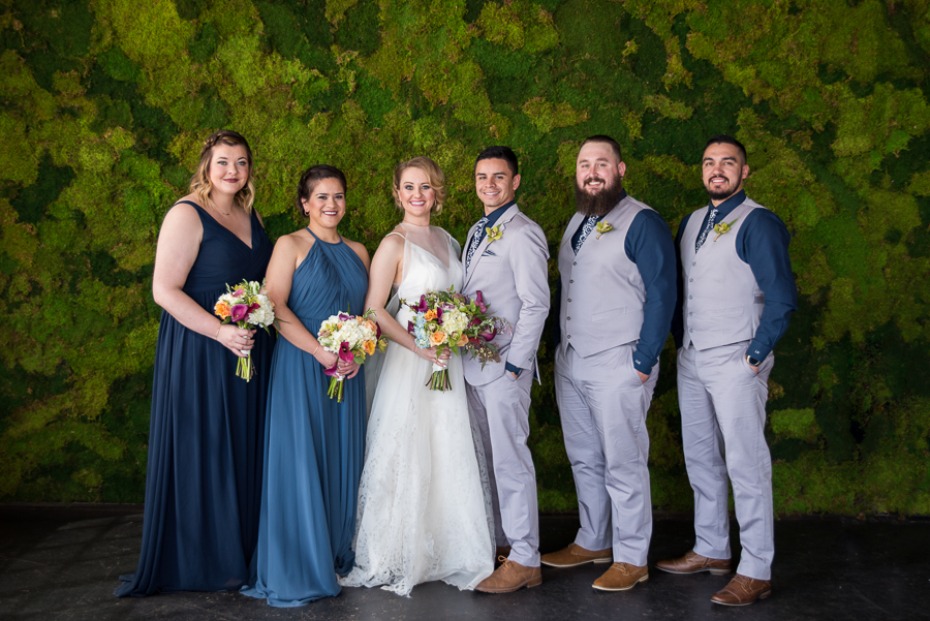 wedding party in blue and grey