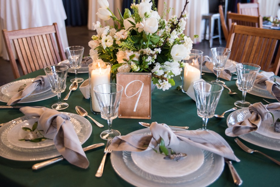 wedding table decor in white green and grey
