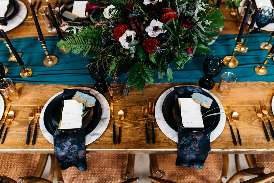 Edgy glam wedding reception table setting