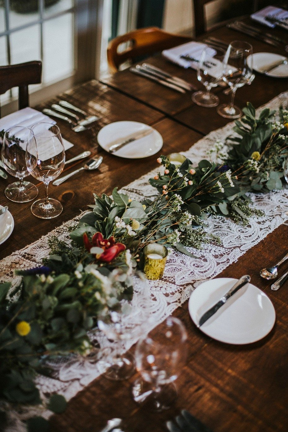 lacy table runner and wildflower garland