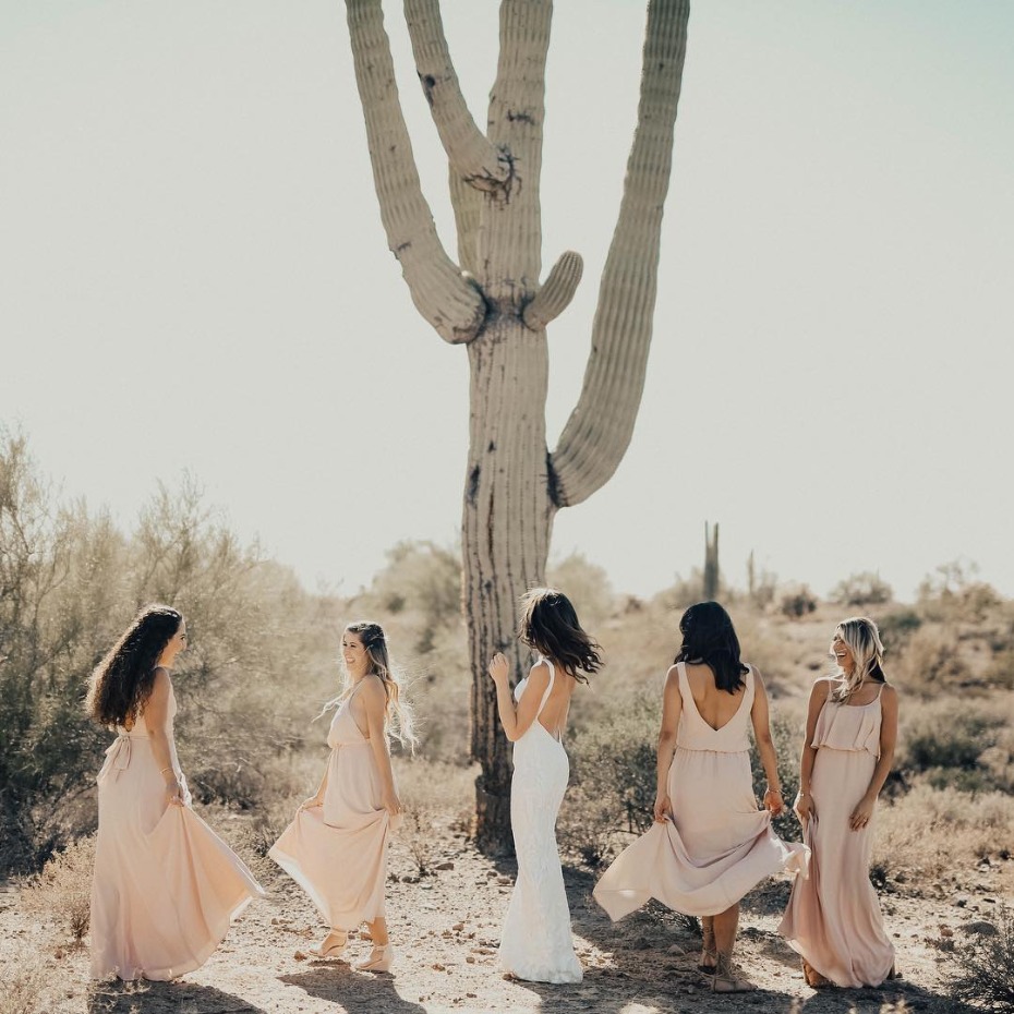 Bridesmaids dancing around cactus