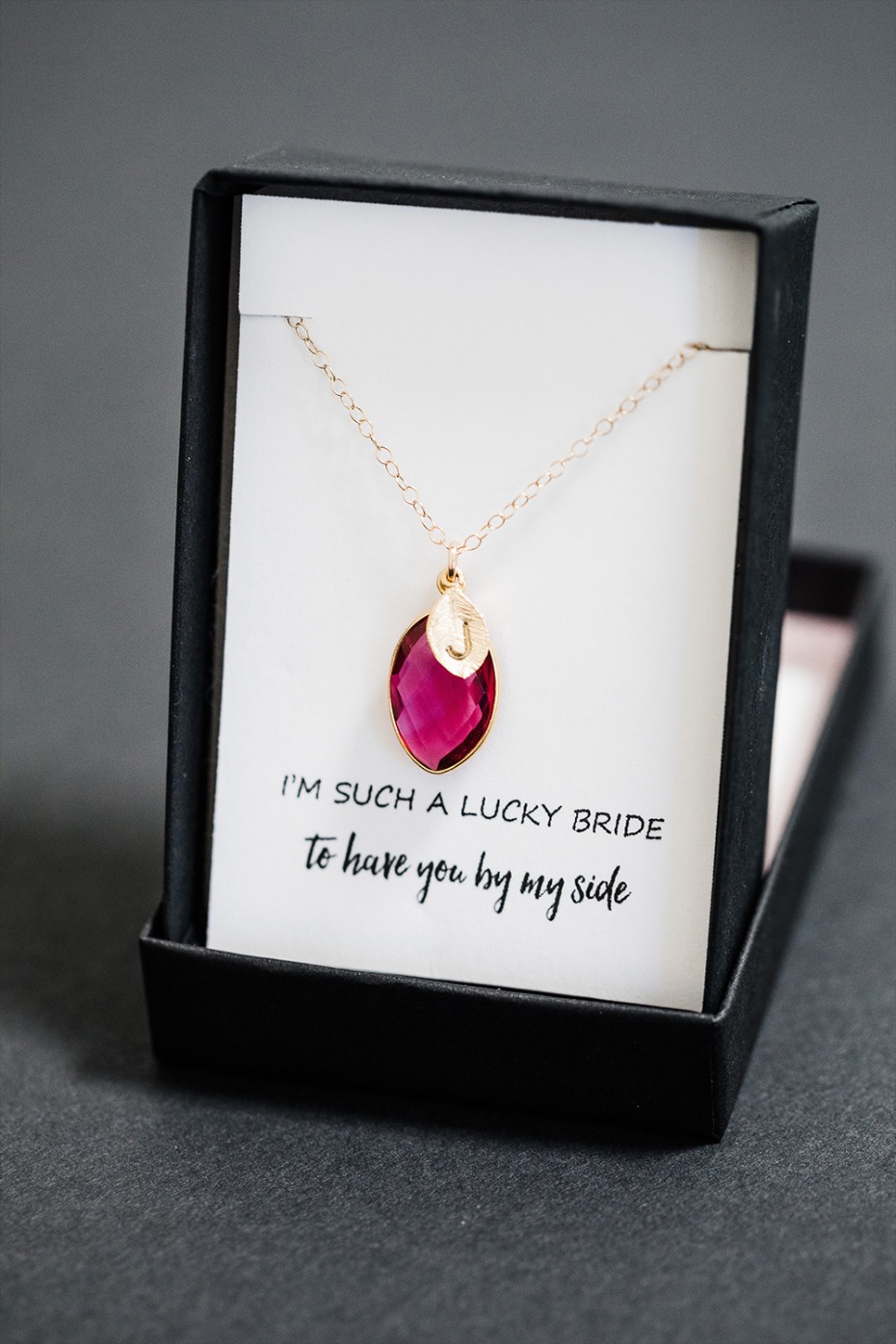 Gold necklace with ruby pendant gift for lucky bride