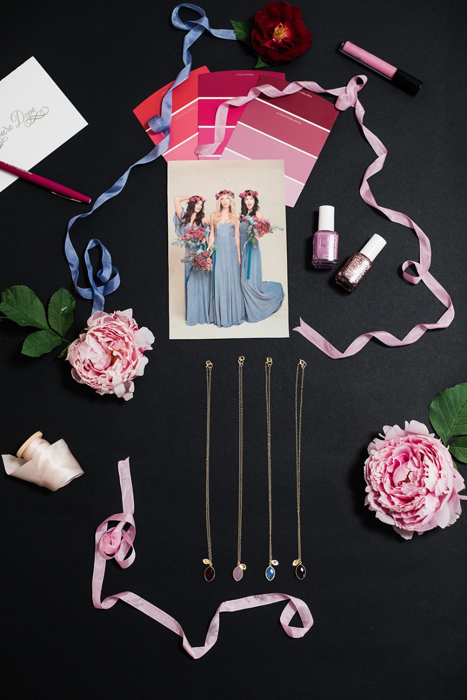 Wedding theme mood board with dresses and accessories