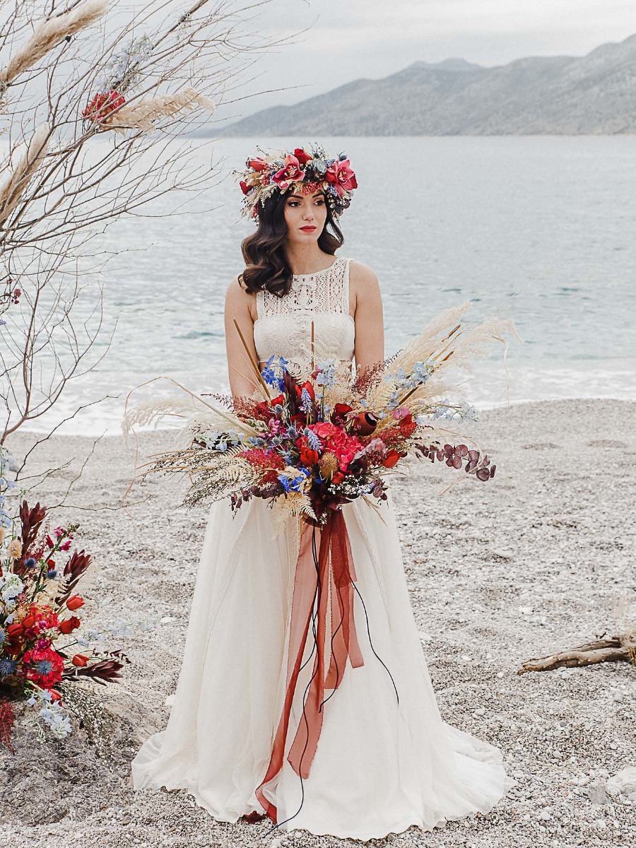 Coastal Blue and Burgundy Wedding Inspiration in Greece