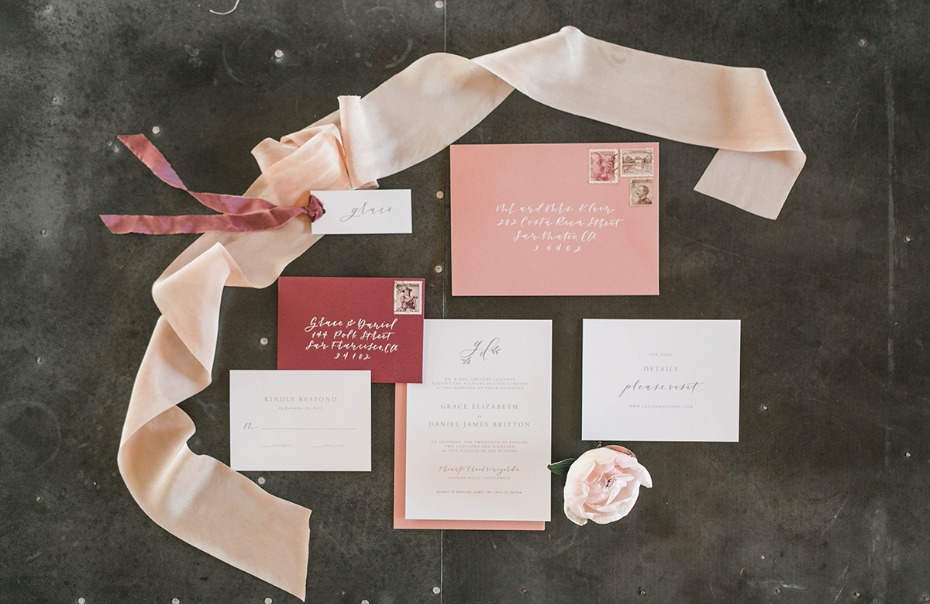 soft pink and burgundy wedding invitations