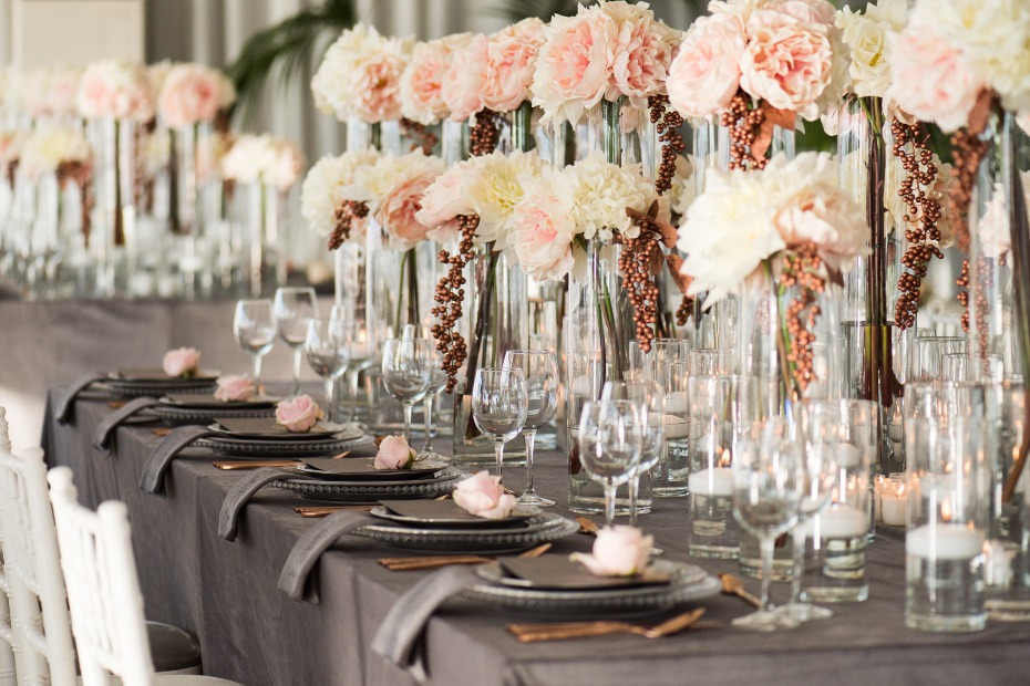 glam wedding reception in gray, blush and rose gold