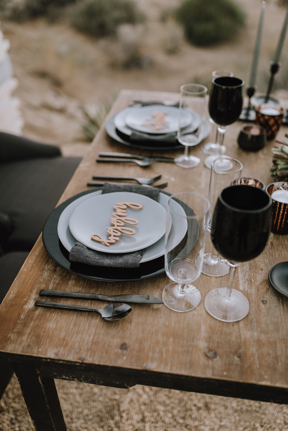 black and grey wedding place setting