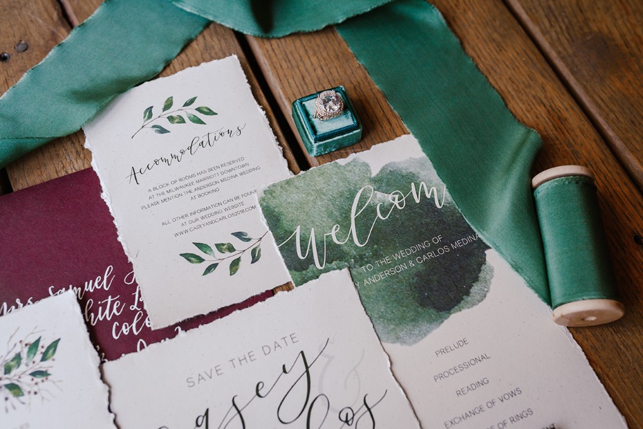 burgundy and forest green wedding stationery