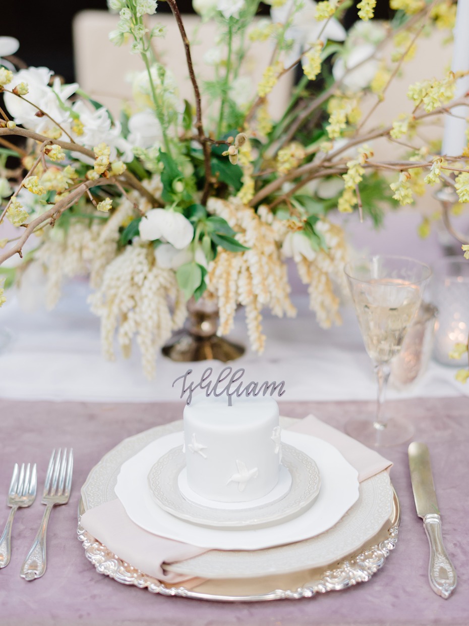 silver and purple wedding place setting
