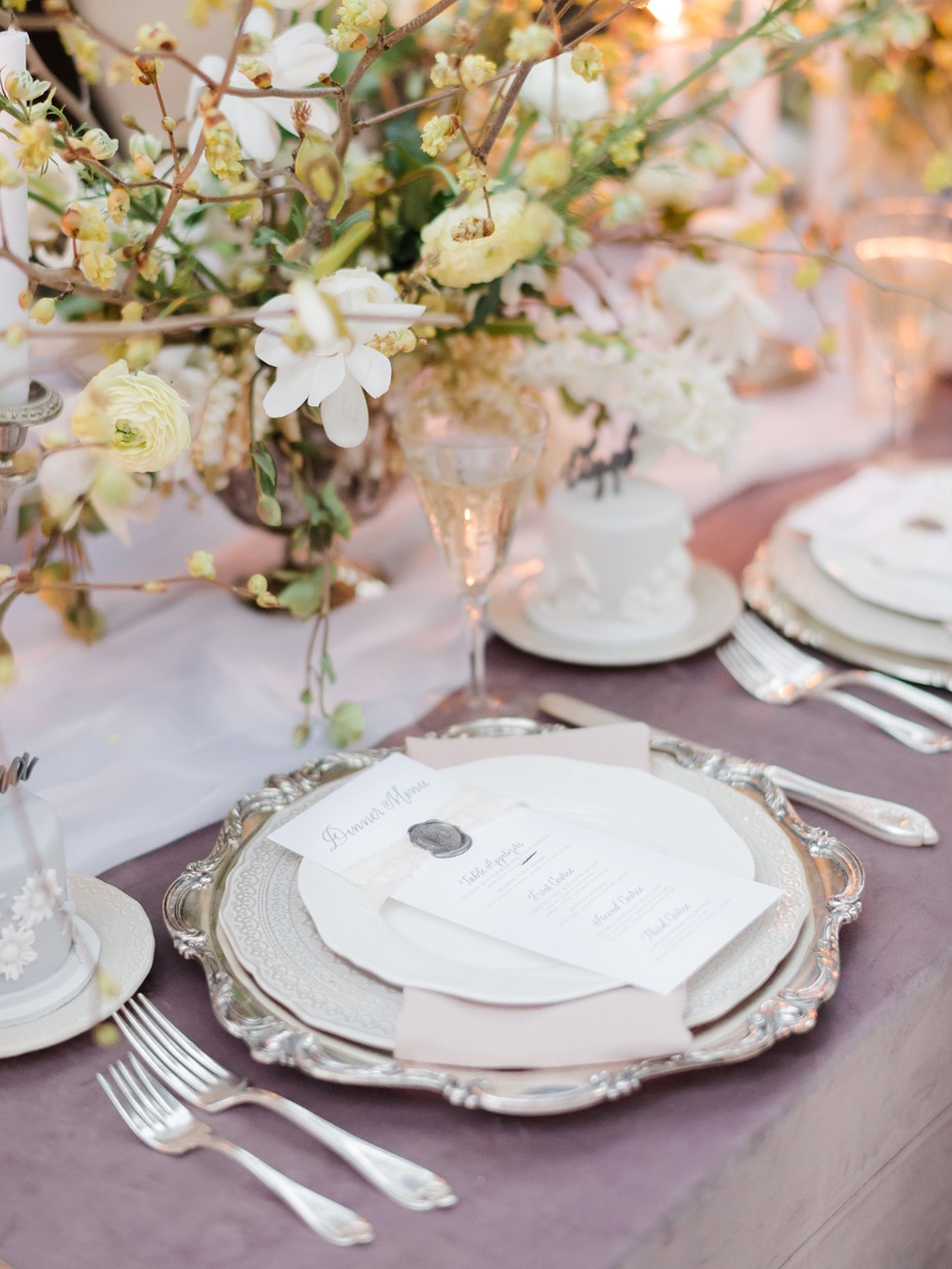 regal silver and dusty purple place setting