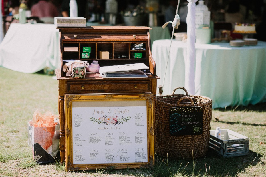 Wedding reception seating chart with parasols and sunscreen basket