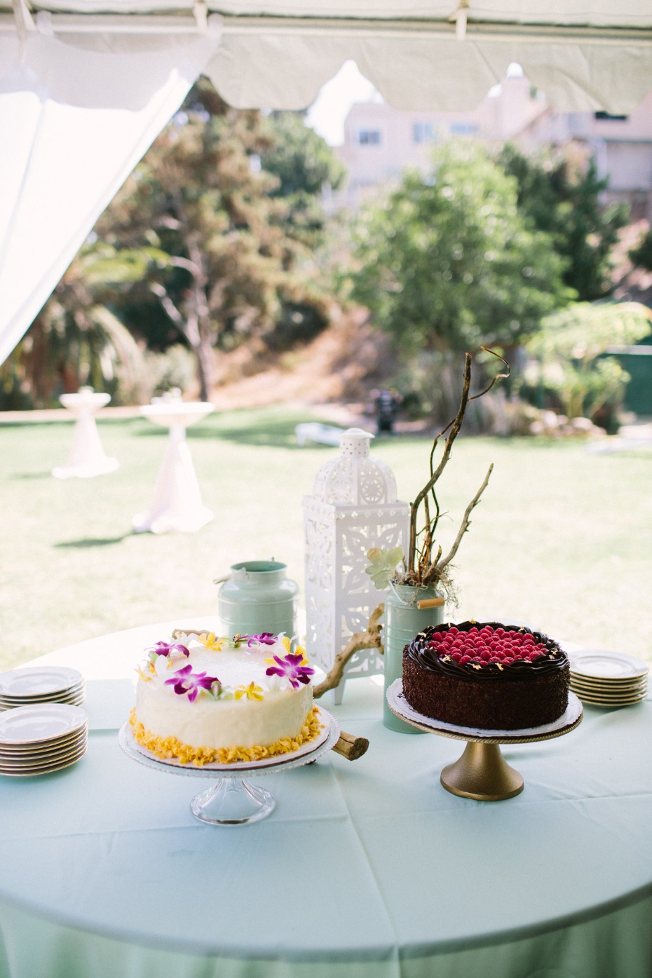Delicious cakes on a table set for a lovely outdoor event