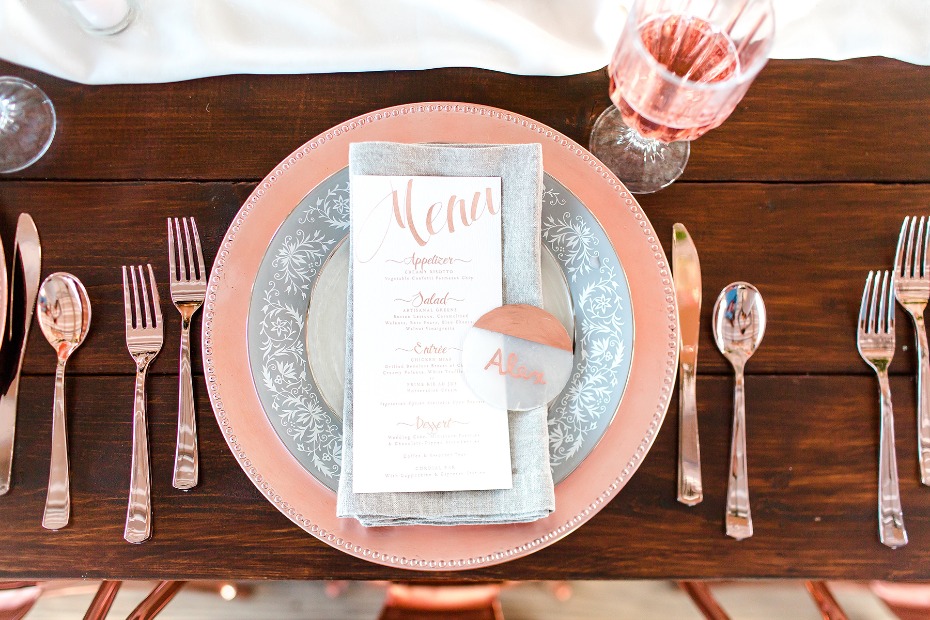 rose gold and grey place setting