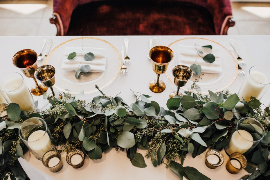 white, gold and eucalyptus wedding decor