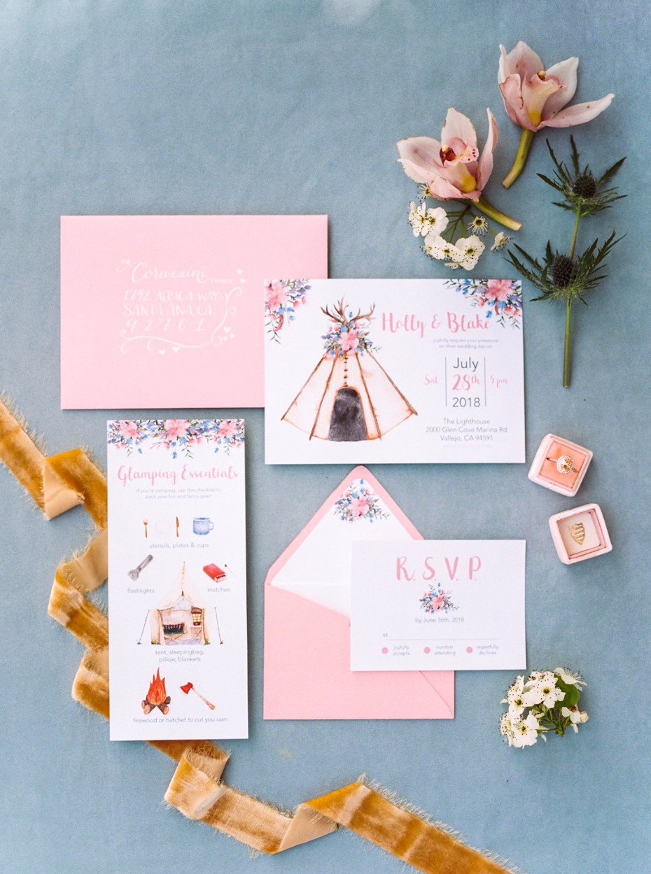 Glamping wedding invitation suite in pink