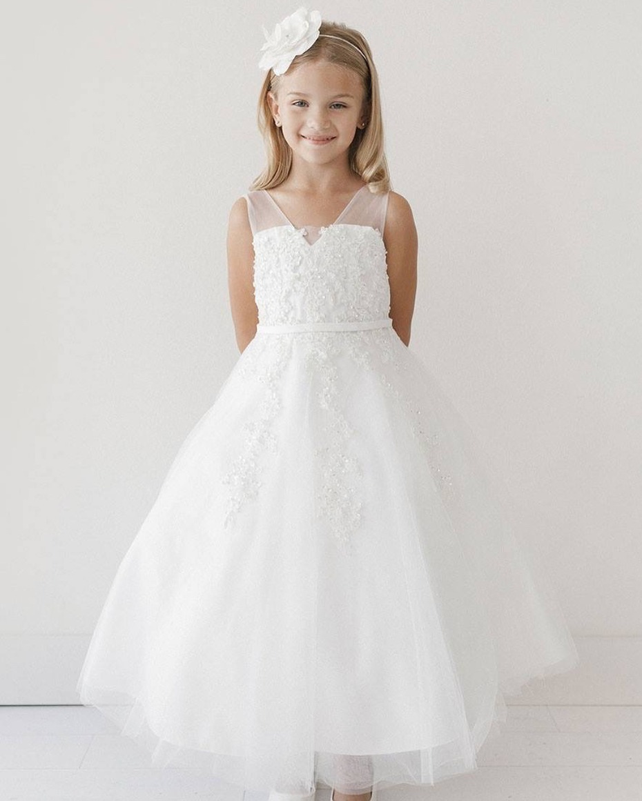 Pink Princess Illusion V Neck and Pearl Flower Girl Dress