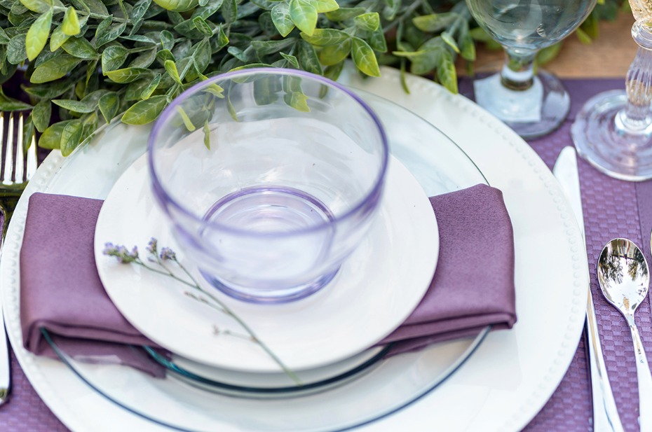 purple and white place setting