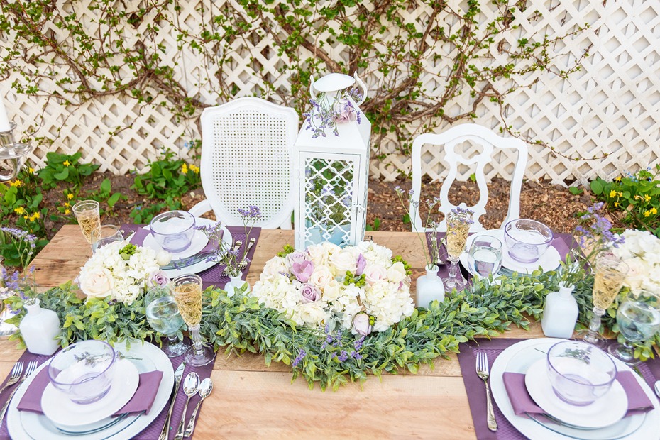romantic white and purple garden wedding table decor