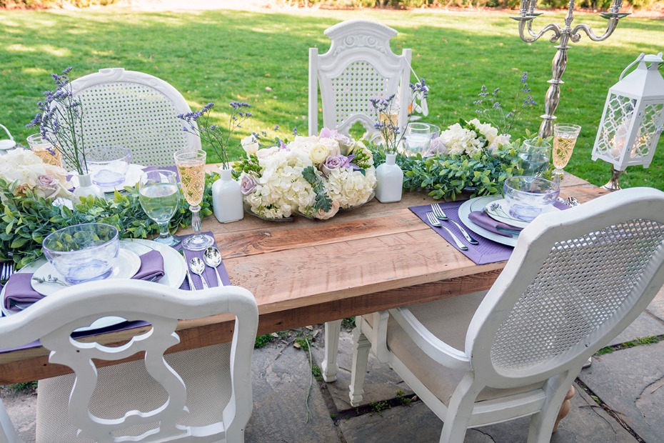 white and purple garden wedding table idea