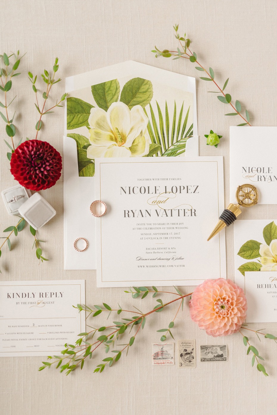 Elegant wedding invitation suite with floral details