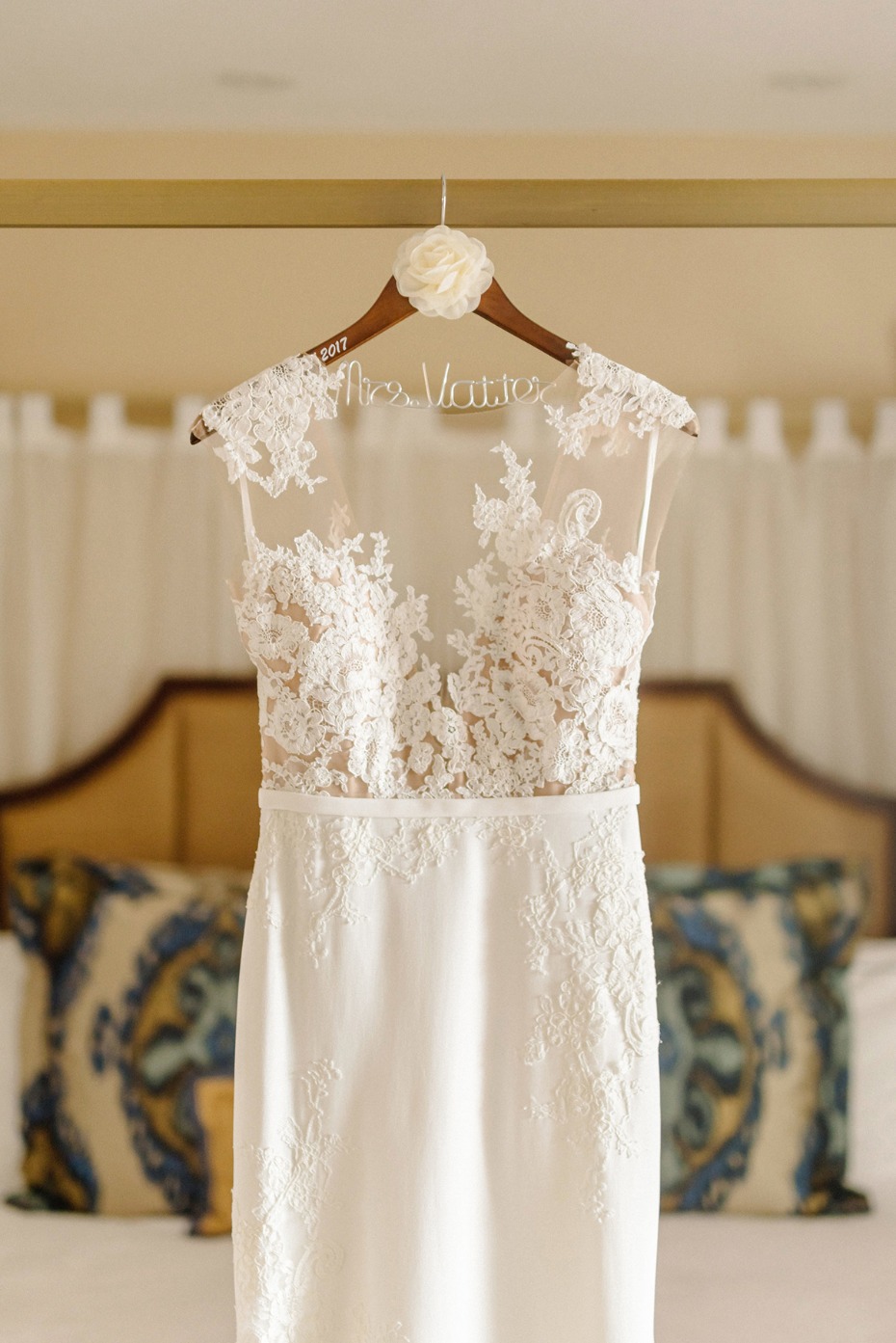 Lace wedding dress on hanger, personalized for Mrs  Vattio