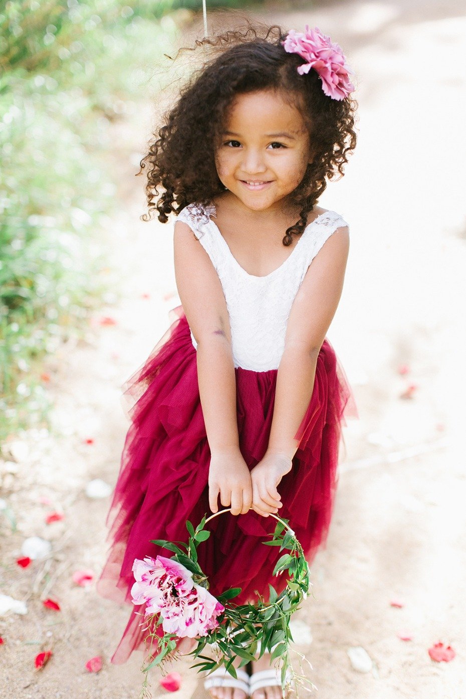 red tulle and white lace flower girl dress