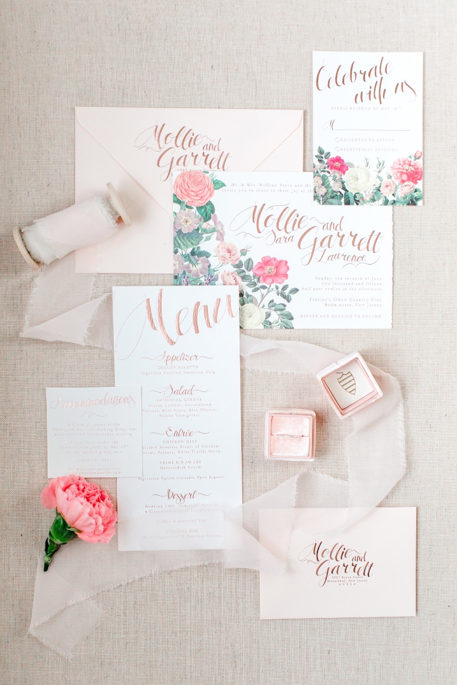 gold and floral invitation suite
