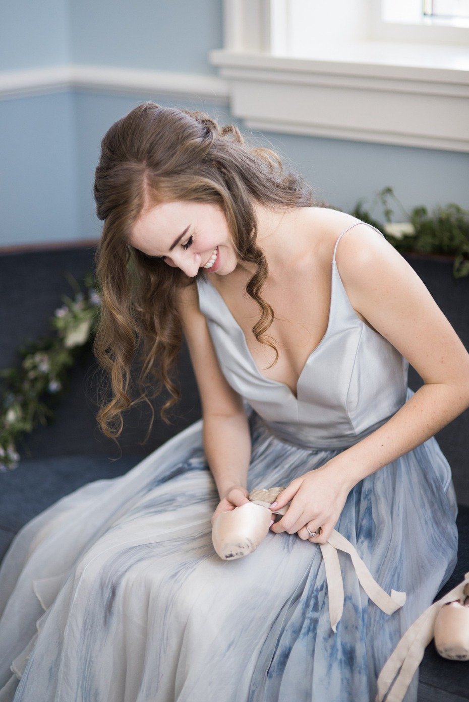 ballet bridal look in silver and blue watercolor dress