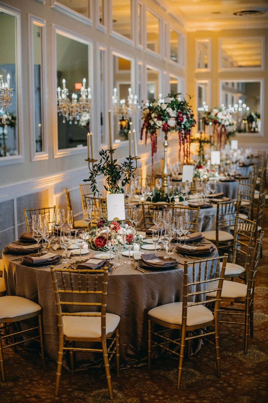 gold and burgundy themed ballroom wedding ideas