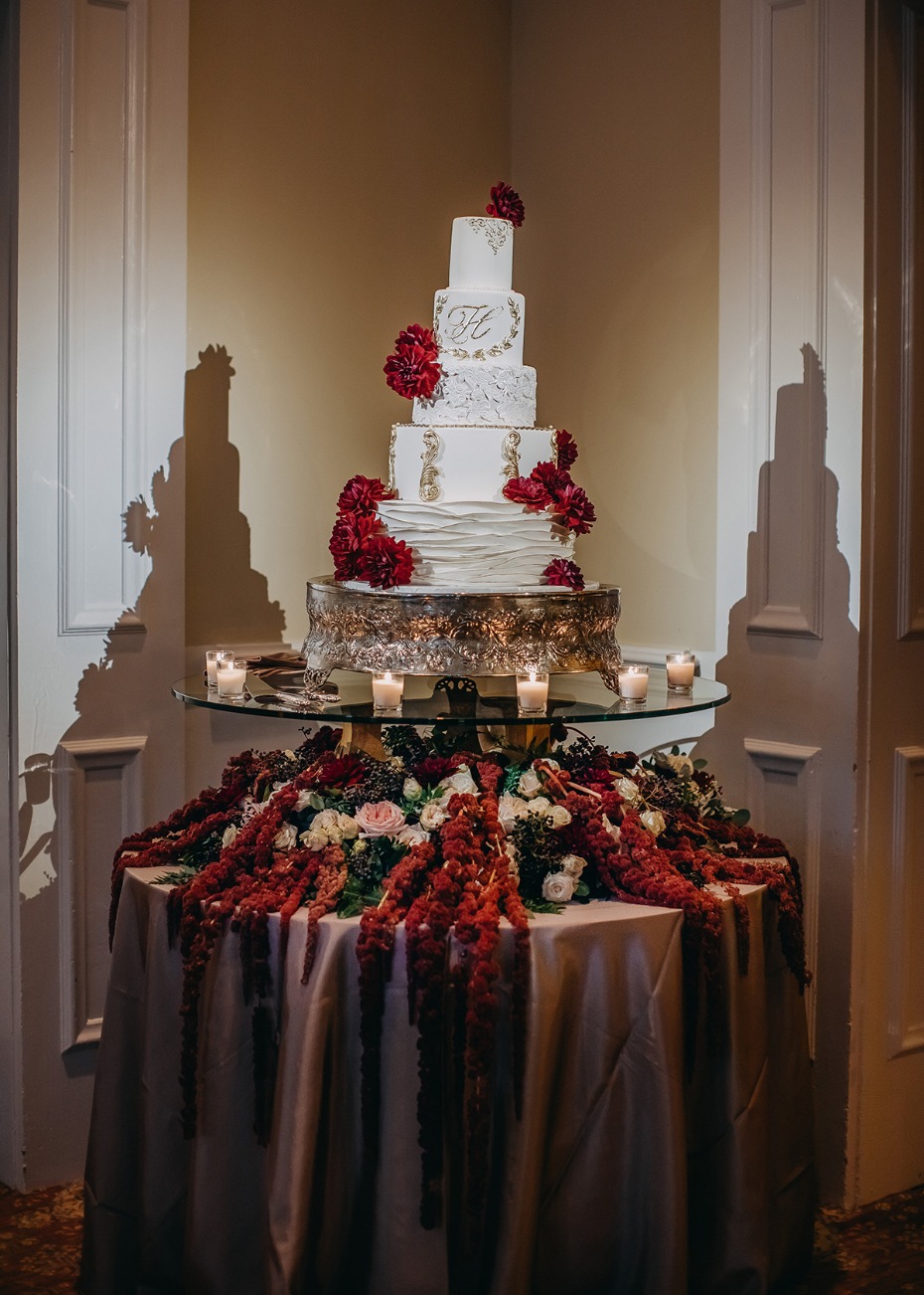 white gold and burgundy wedding cake