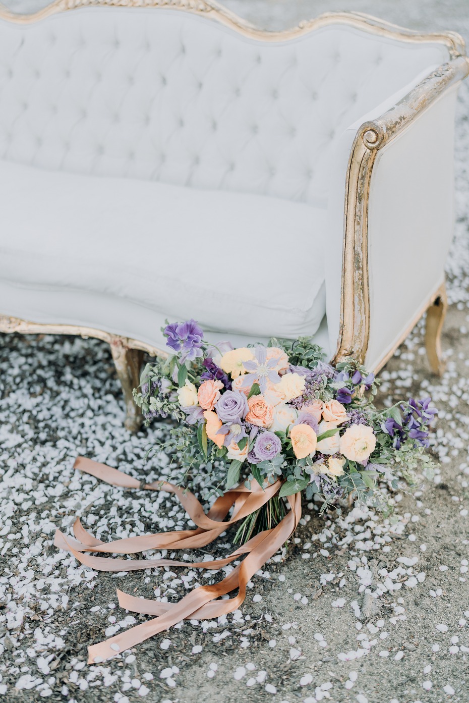 Peach and lavender wedding bouquet