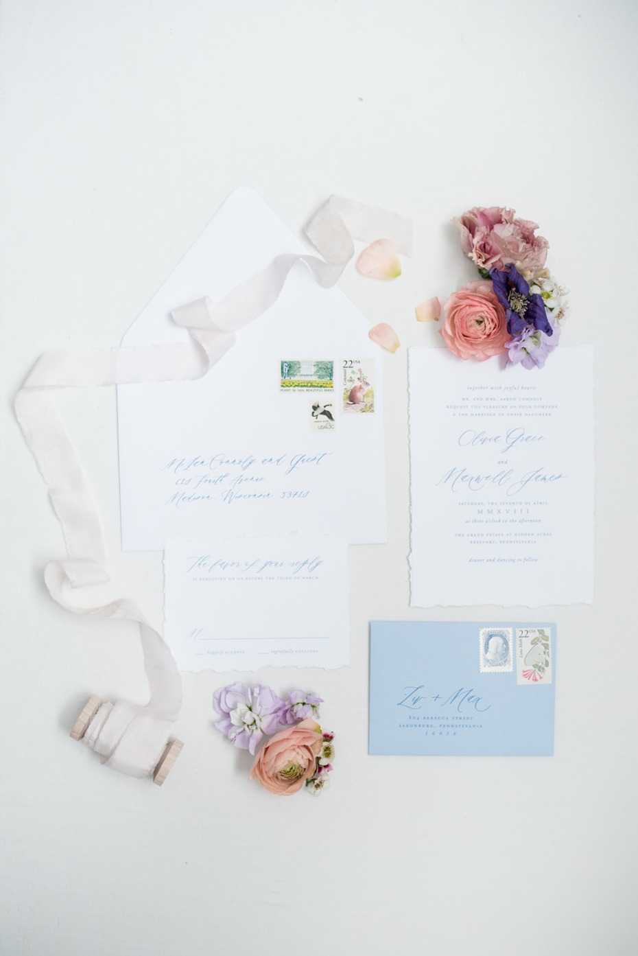 Blue and white wedding invites