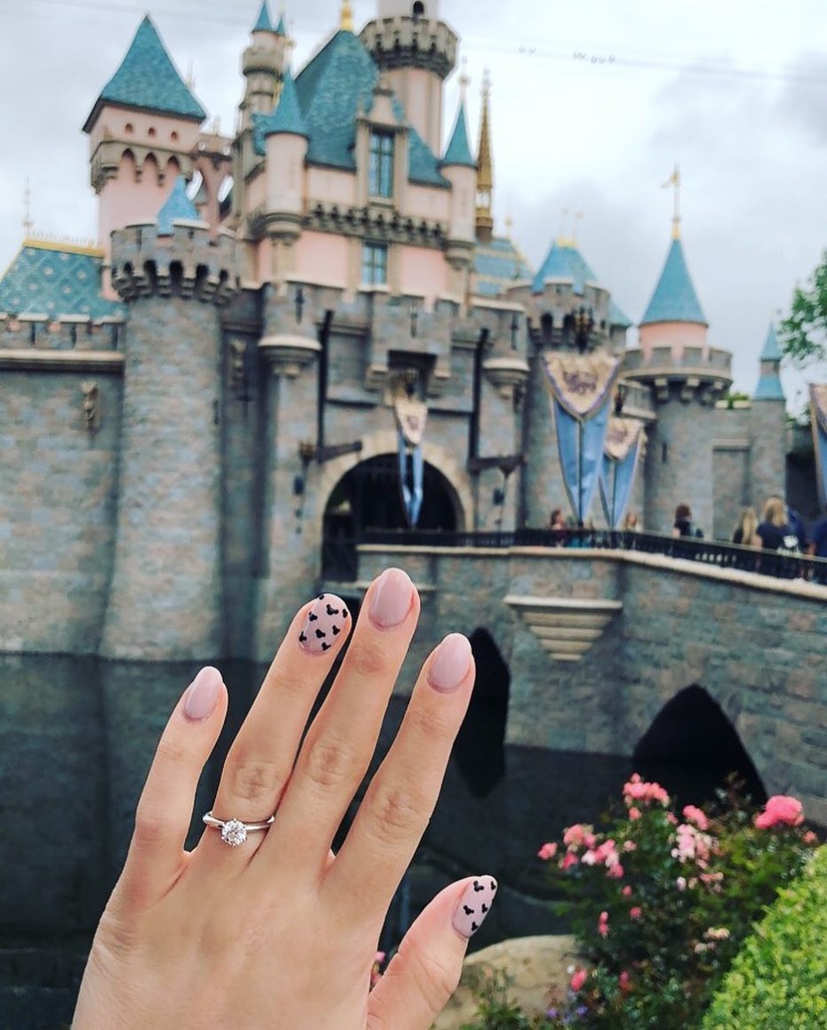 Disney castle engagement ring manicure with Mickey Mouse nails