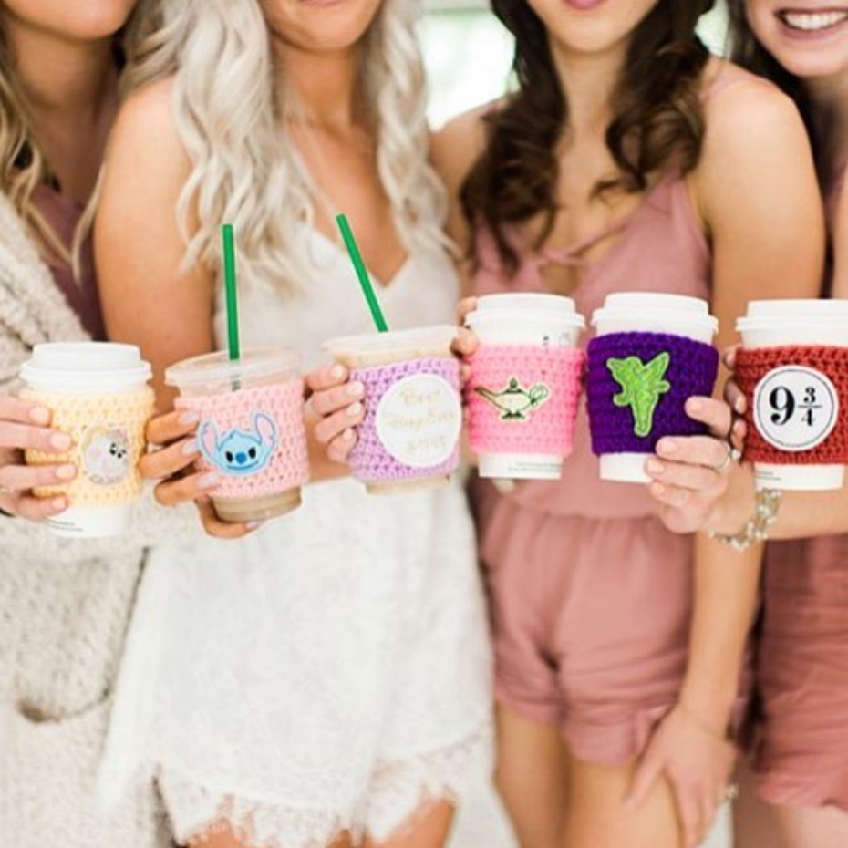Disney bride bridesmaid coffee cozies designs by @lnrcrochetdesigns