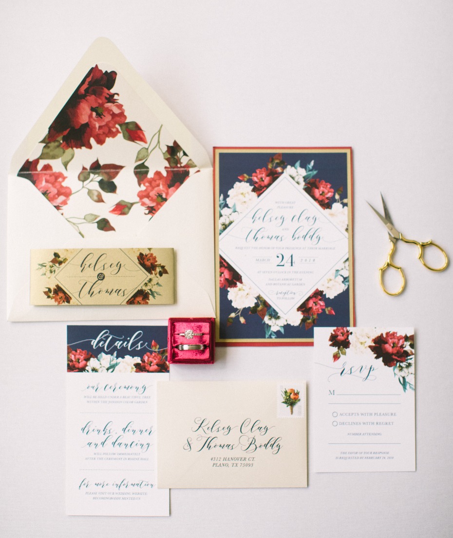 Navy and burgundy wedding invitation suite