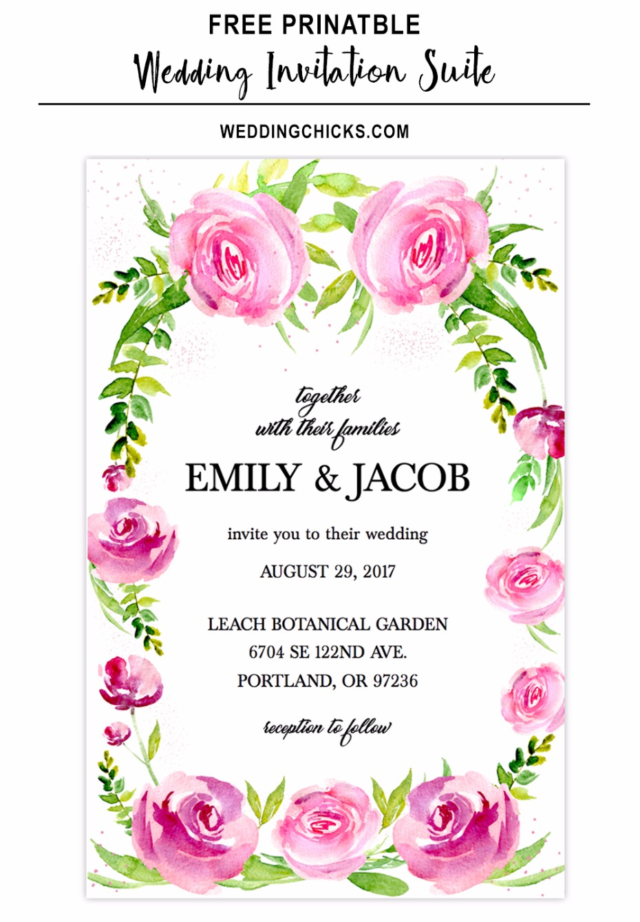 free watercolor rose wedding invitation