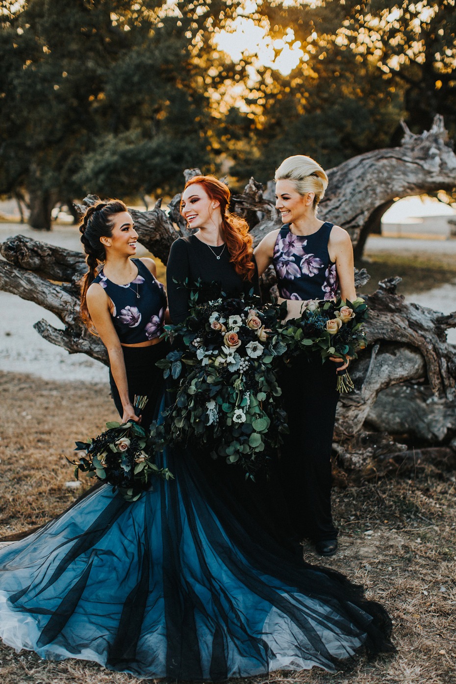 dramatic and dark themed wedding party